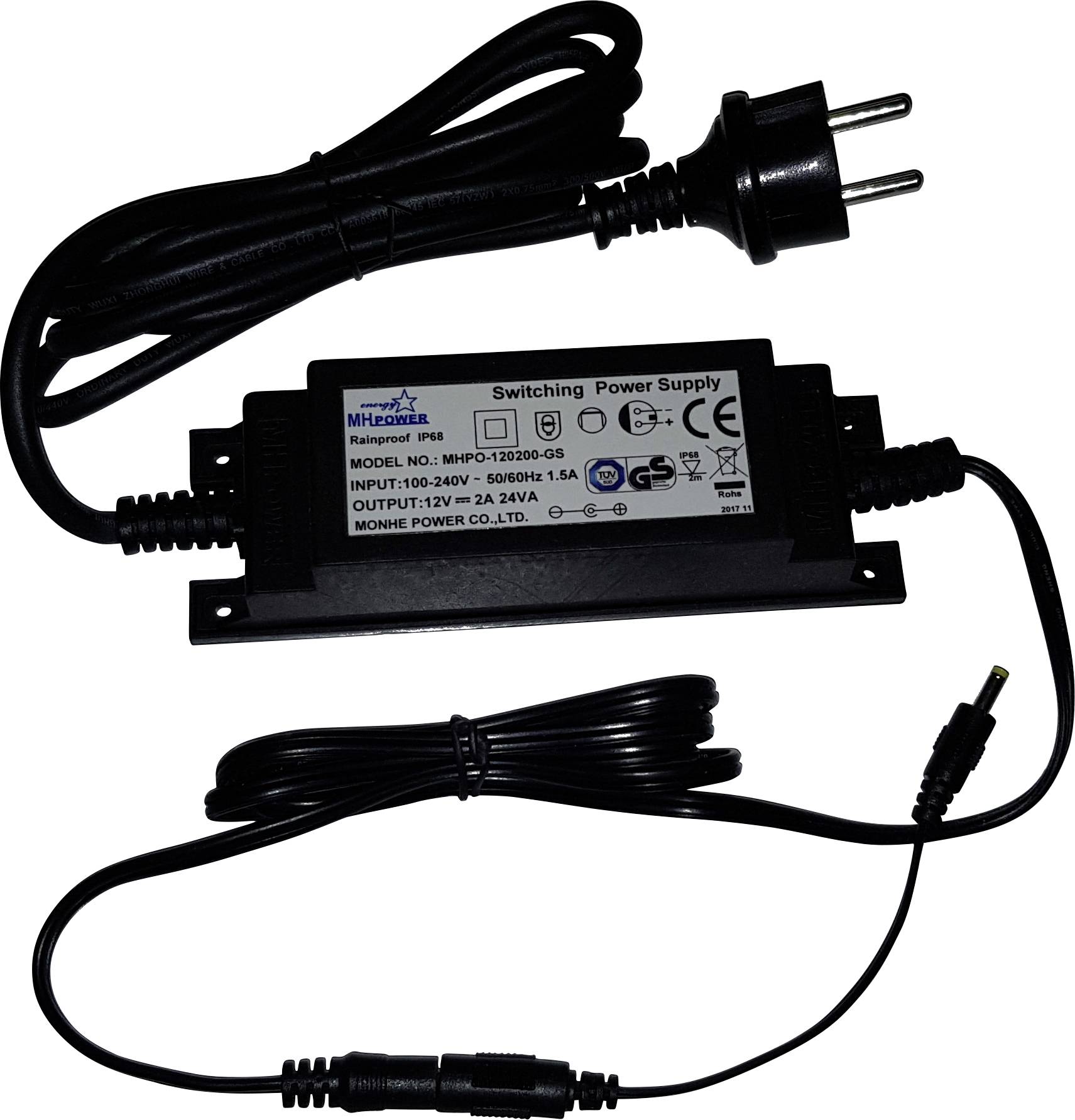 A black power supply with cables and plug. Label shows: Model MPD-1203002-GS, Input 100-240V, Output 12V - 2A.