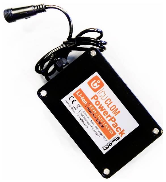 Black battery with 'Leycom PowerPack' label, 11.1 V, 5500 mAh, Li-ion, CE certified. Cable connected with plug.