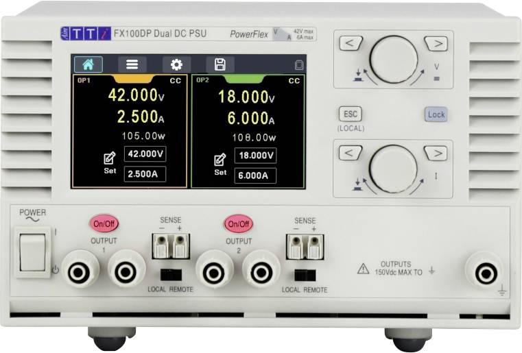 Electronic measuring device with two digital displays. Left side: 42V, 2.5A. Right side: 18V, 0.006A. Buttons and connectors underneath.