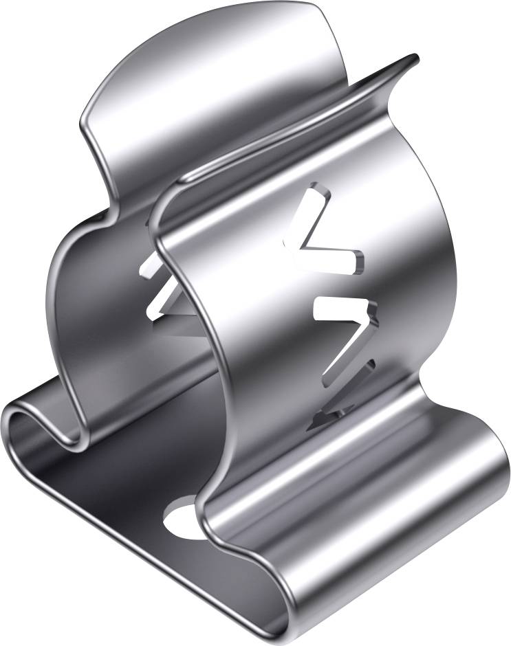 Metal paperclip in an aluminium finish, designed with geometric cut-outs. Primary function: Bundling or holding paper.