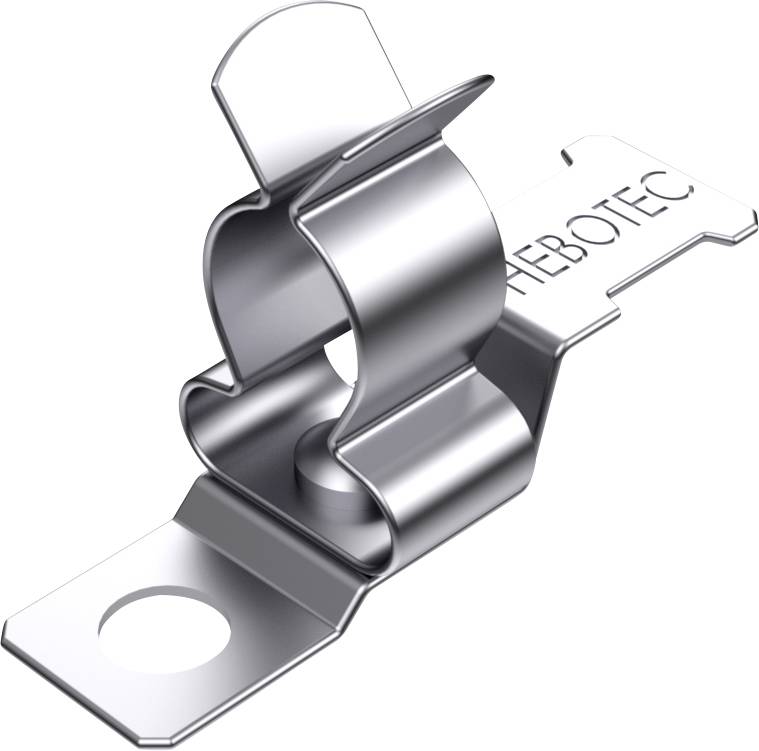 Metal mounting bracket with Hebotec logo, suitable for easy fixing of cables or pipes, with a shiny surface, rectangular base.