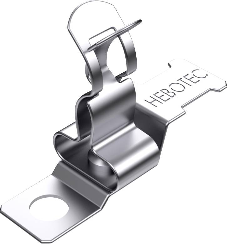 Metallic fixing clamp with perforated base, branded with the name 'HEBOTEC' engraved. Used for mounting cables or pipes.