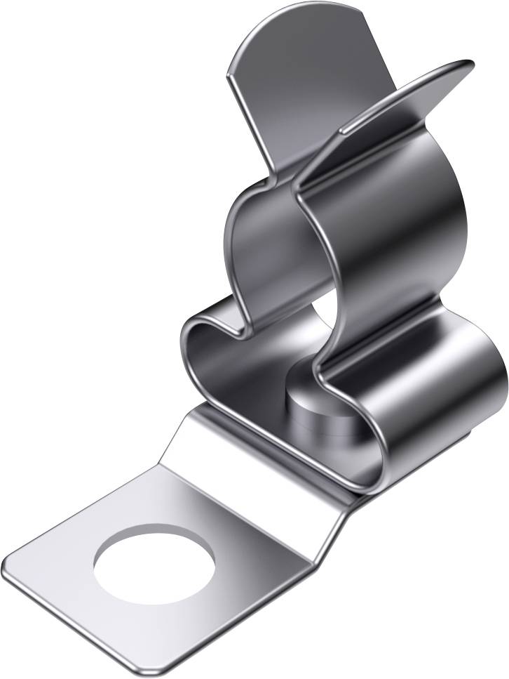 Metal clip with a curved design and an opening for fastenings.