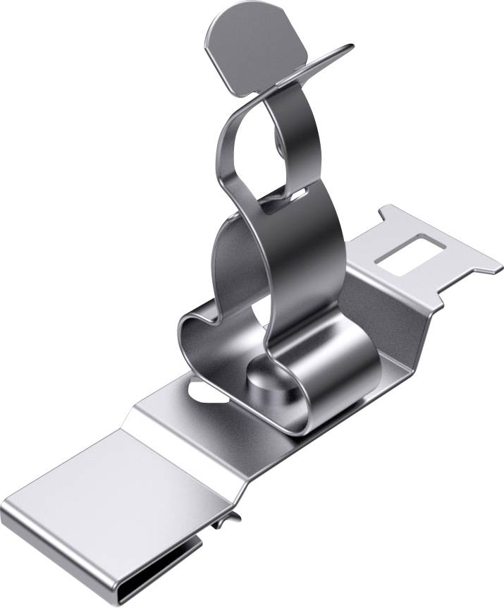 Metallic holding clip on a white background, suitable for securing materials during construction or assembly work.