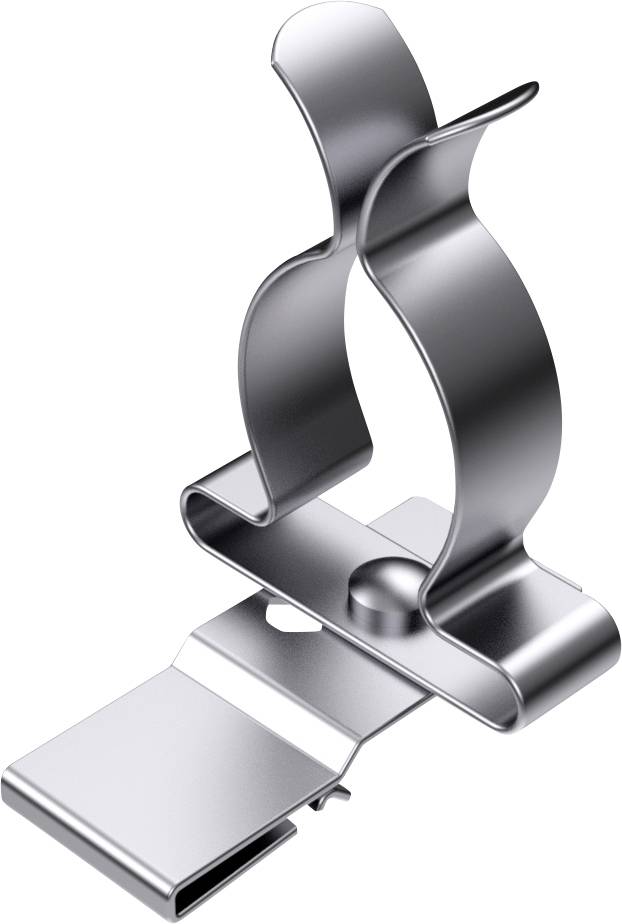 Metal clip with a flexible top section and a flat base. Suitable for attaching objects to a flat surface.