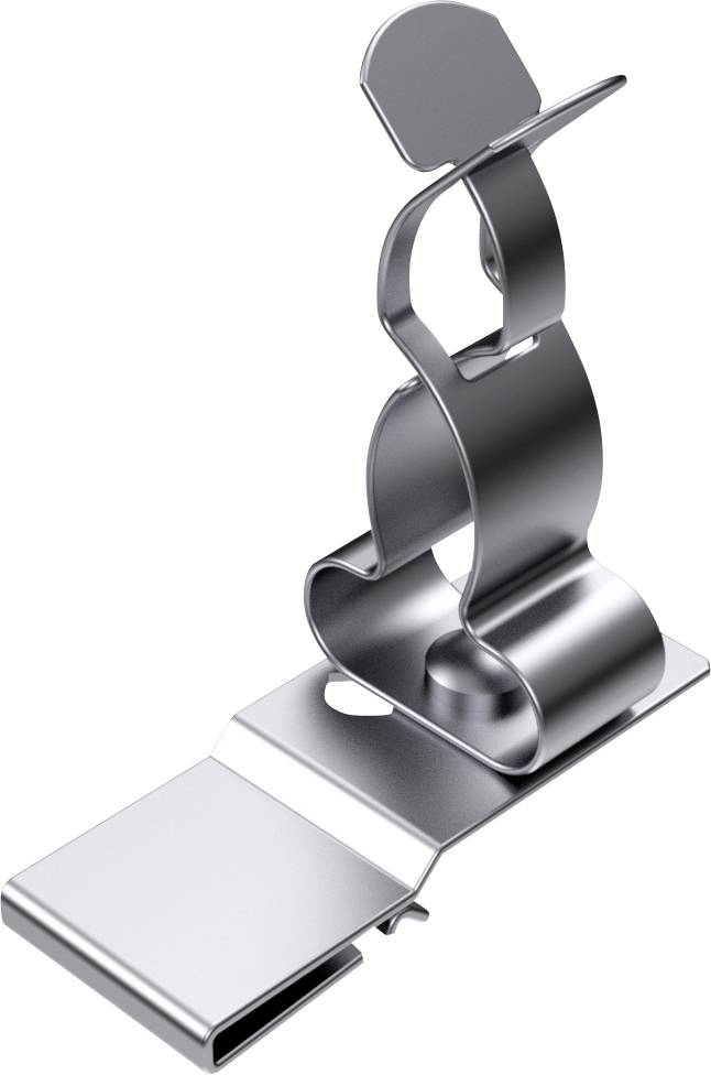 A silver metal paperclip with a curved design, in an upright position, suitable for holding papers or thin materials.