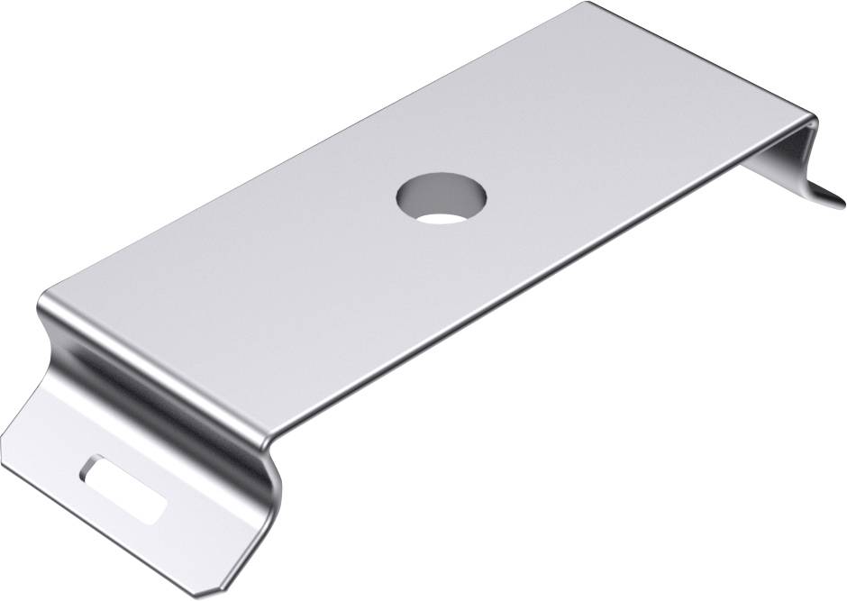 A rectangular metal clip, silver in colour, with a hole in the centre and two angled ends, presumably for fastening.