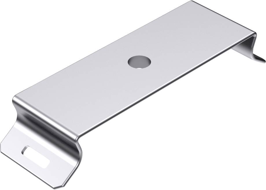 Metal clip with a central hole and curved ends, likely for mounting purposes.