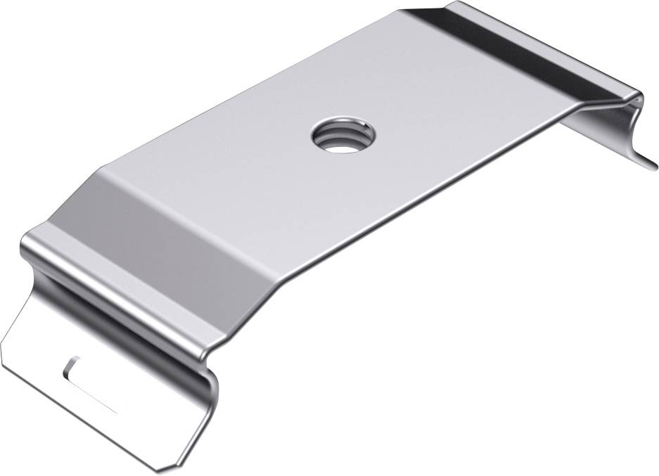Metal clip with a central hole, side tabs, and curved edges. Used for fastening materials to surfaces.