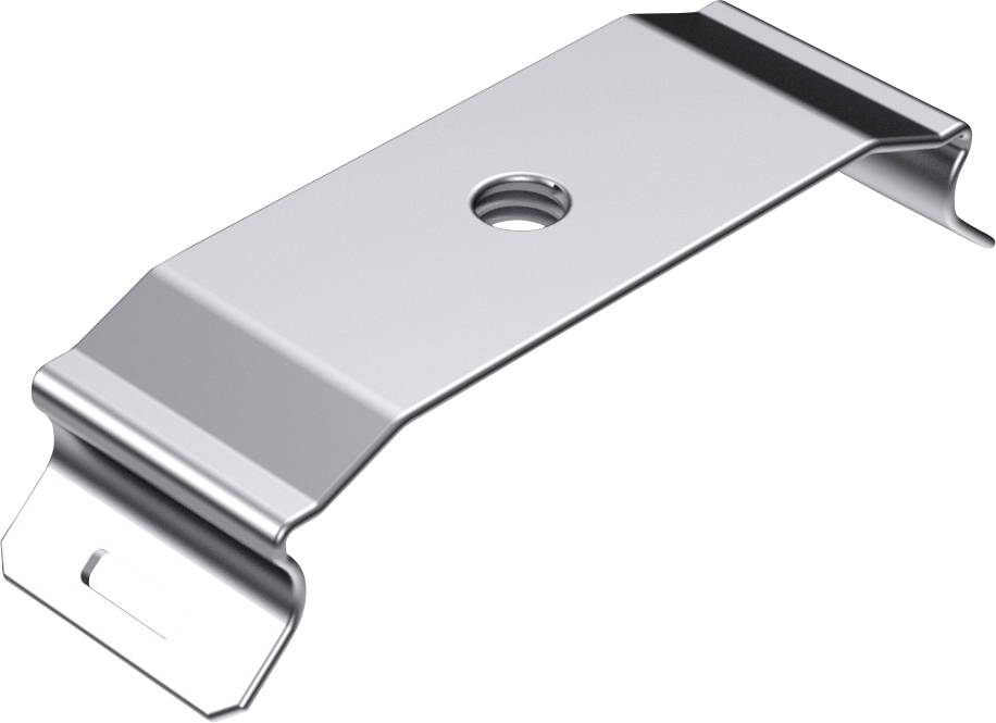 Metal clip with a central hole and curved ends. Used for fixing or holding materials, often mounted on surfaces.