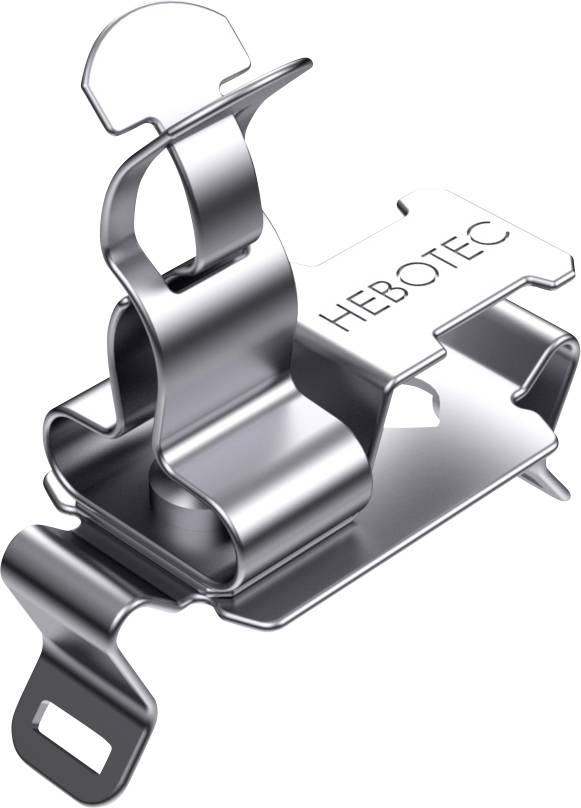 Metal clip with 'HEBOTEC' inscription, metal springs on both sides, used for fastening, against a white background.