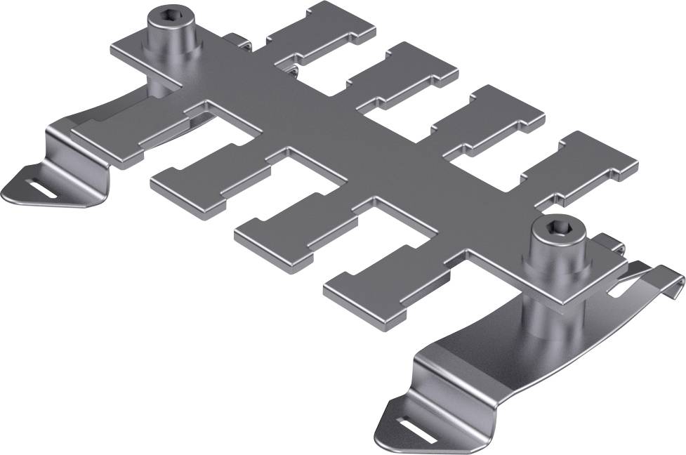 Metallic holder or clip, symmetrically shaped, potentially for fastening or connecting mechanical components.