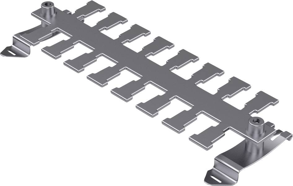 Metal mounting bracket with multiple symmetrical clamps, potentially suitable for cable management or electrical connections.