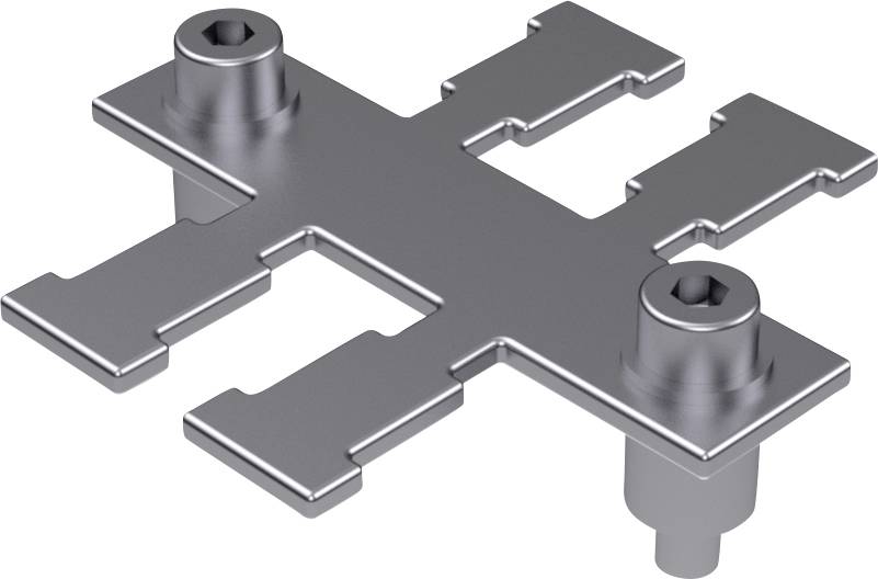 Metal connecting piece with two screw holes, suitable for fixed mountings. Shape enables secure and stable connections.