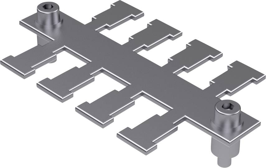 Metallic connector with multiple symmetrical pins and screw locks, suitable for electrical or mechanical connection of components.