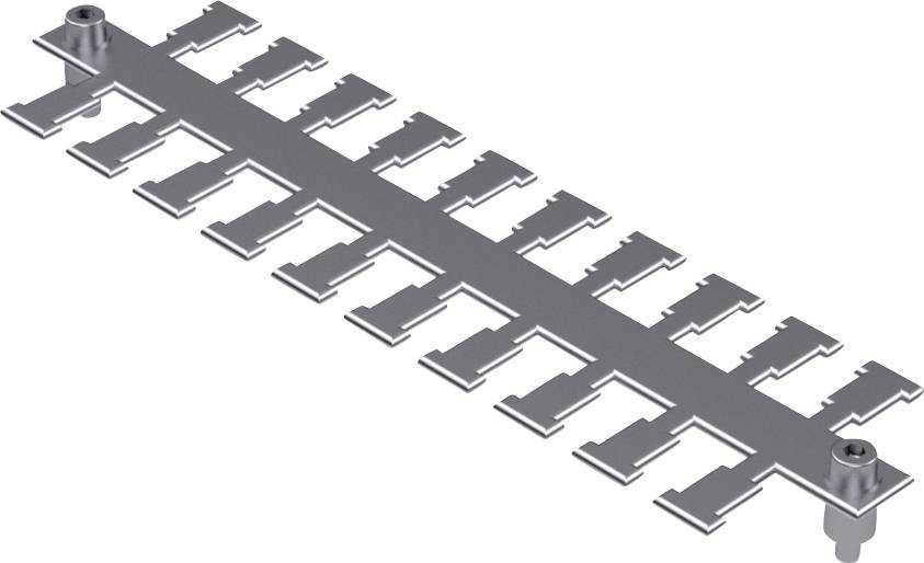 Metal rail with multiple evenly spaced, protruding elements on both sides, used for industrial applications.
