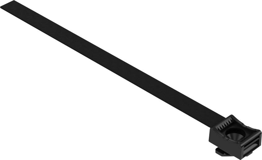 A black cable tie with a ratchet closure, suitable for bundling and securing cables or other materials.
