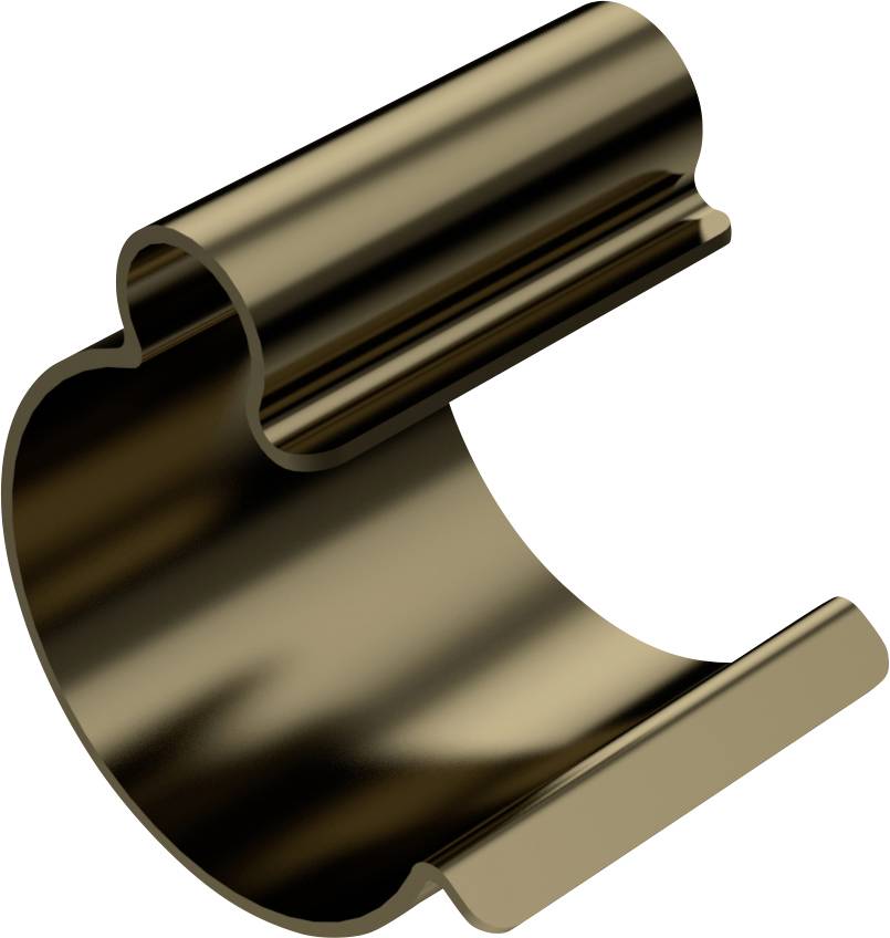 Metal clip in a curved shape, brown surface. It is used for fastening or connecting in mechanical applications.