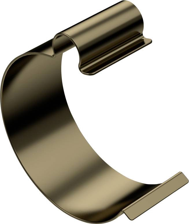 Metallic, curved clip with rounded edges, hovering in the air.