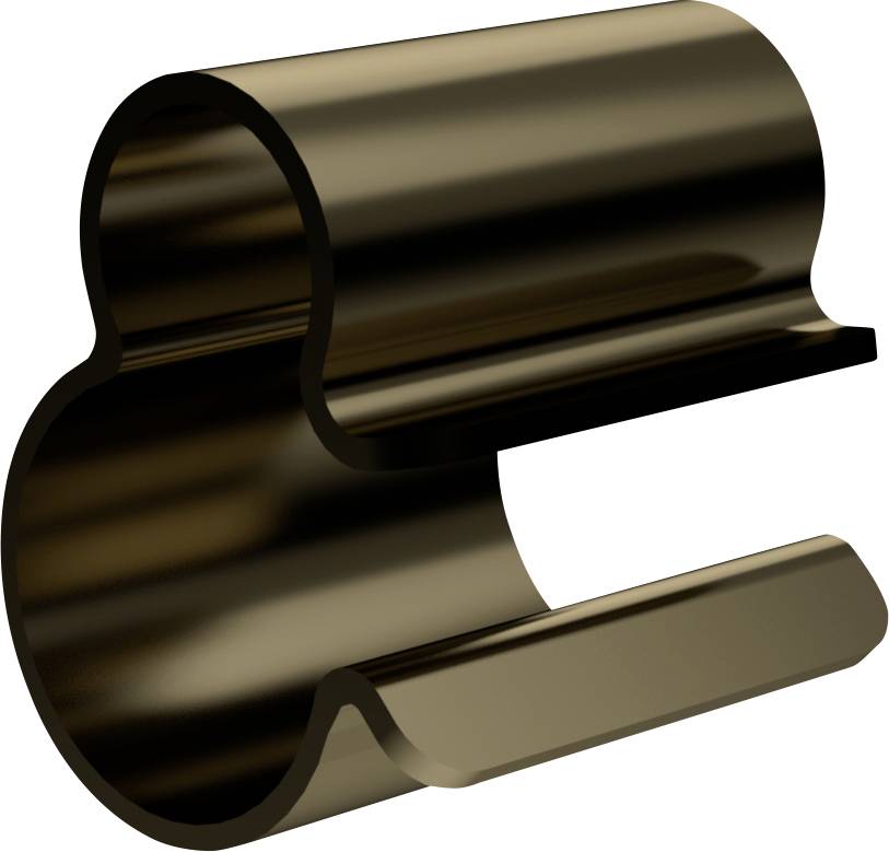 A metal clip in the shape of a rounded letter 'E', black and glossy, shown in an isolated view.