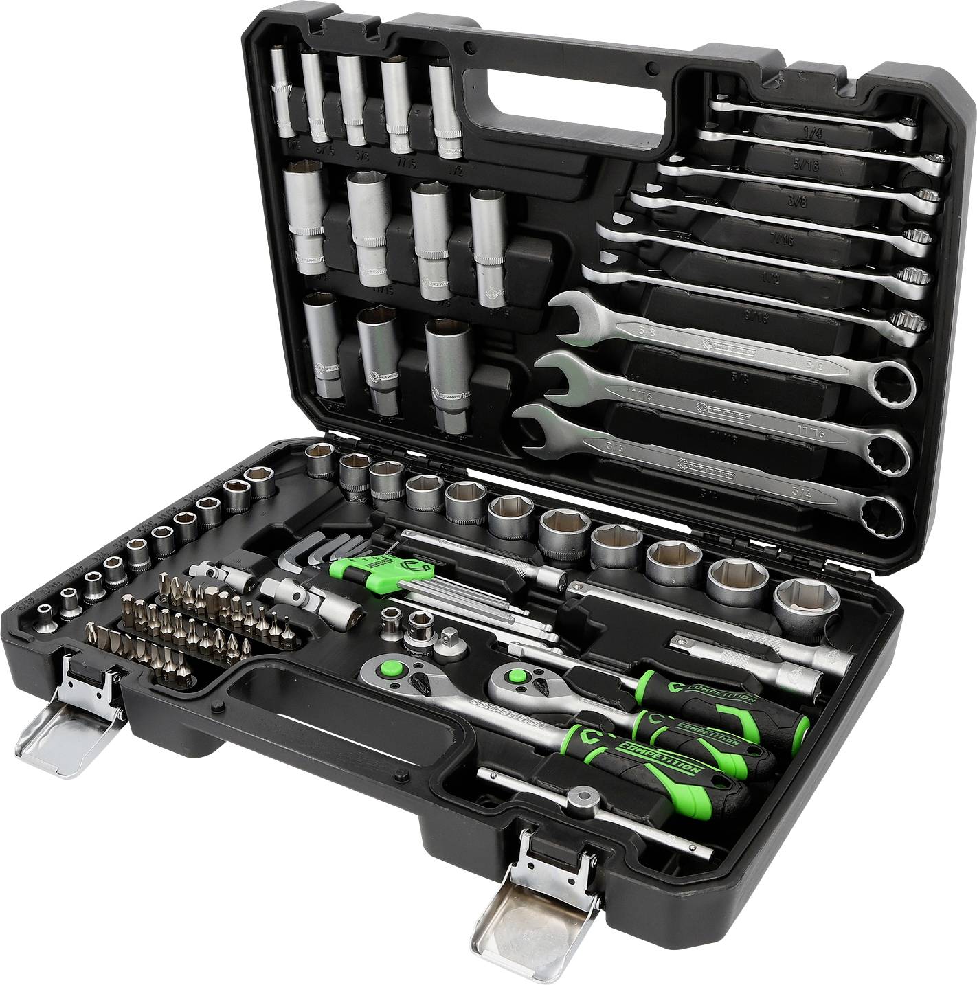 An open toolkit with various spanners, socket wrenches, and bits, neatly organised in compartments.