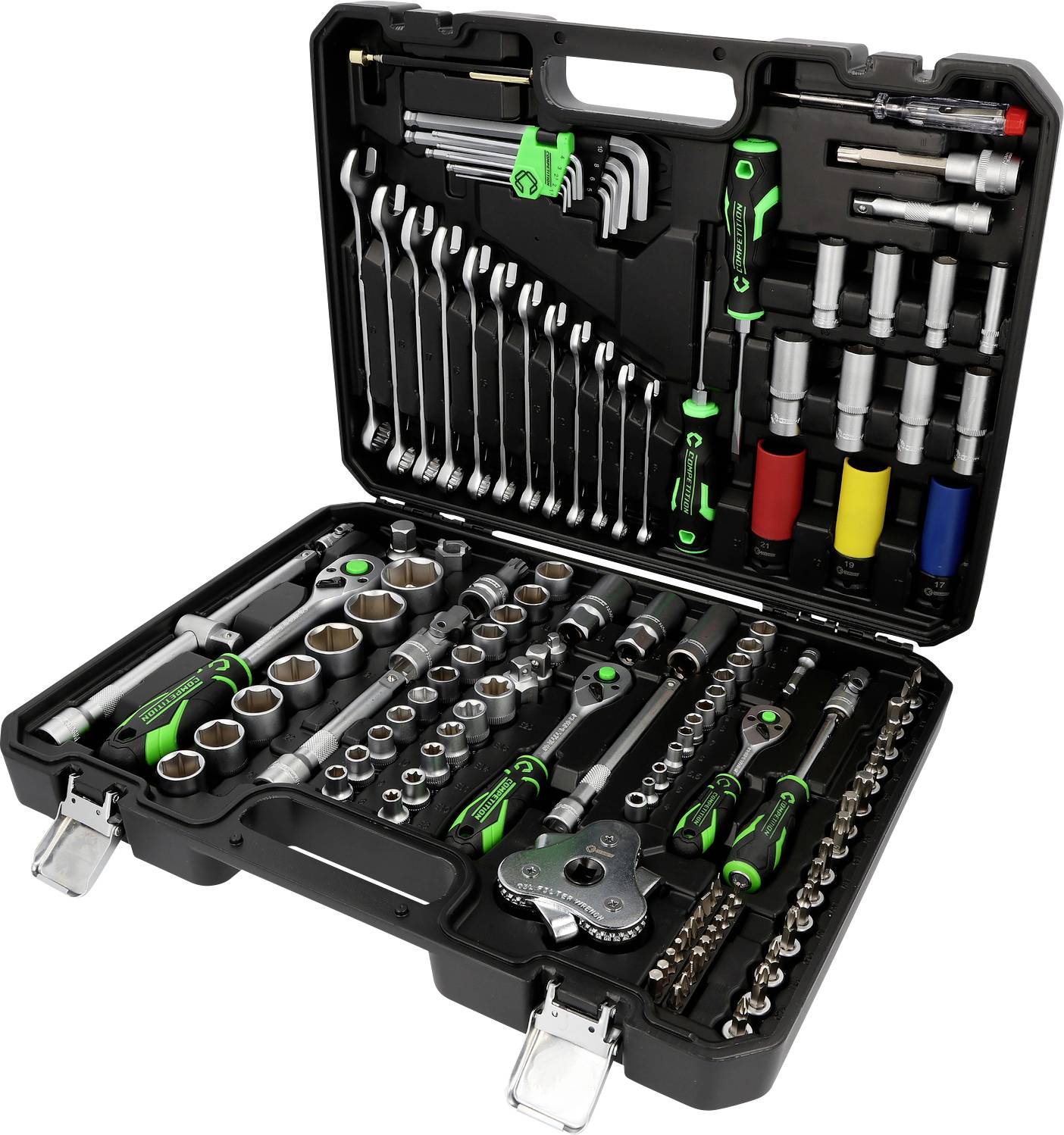 An open toolbox with various spanners, socket wrenches and screwdrivers, neatly arranged.