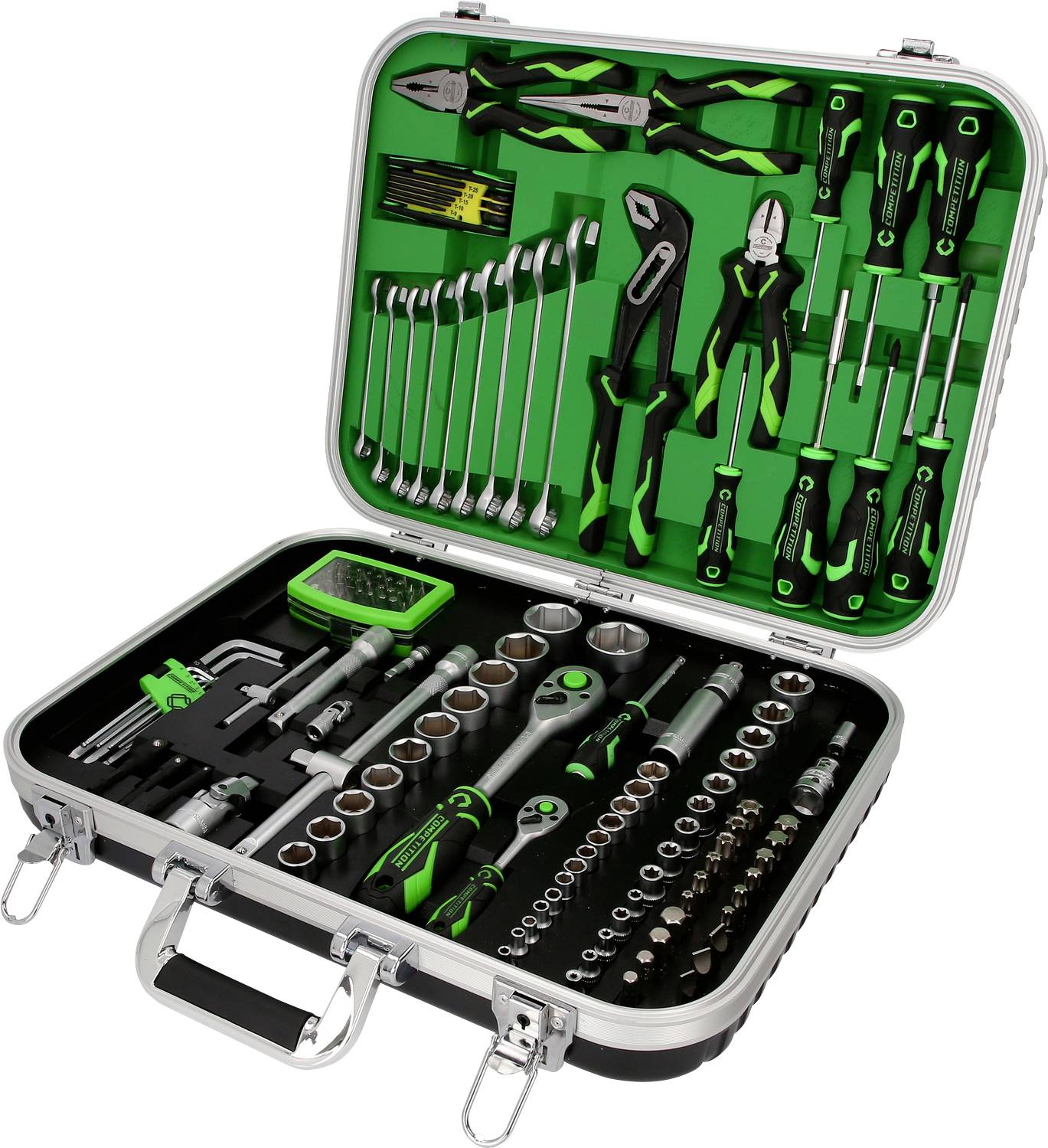 An open toolbox containing a variety of tools such as spanners, pliers, socket wrenches, and screwdrivers, all neatly arranged.