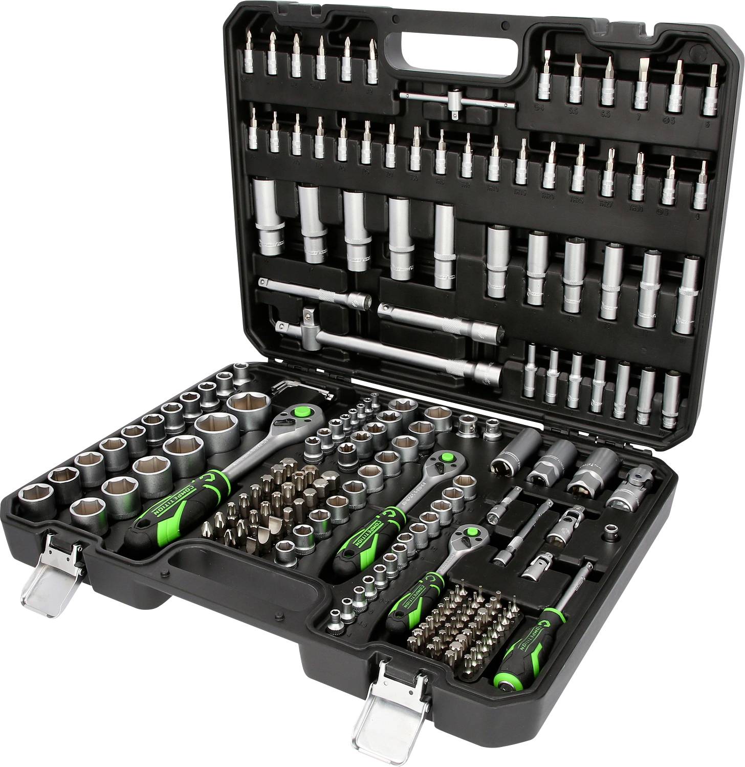 An open toolbox displays a wide array of socket keys, bits, and ratchets. The tools are neatly arranged and ready to hand.