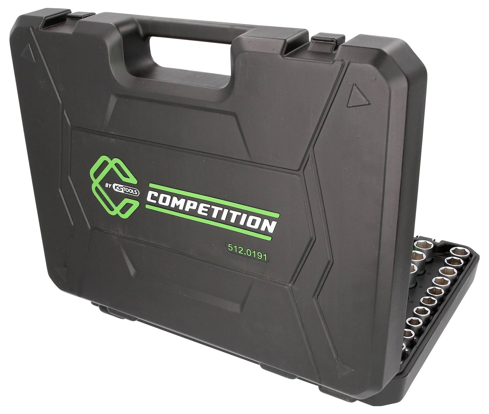 Black tool case with green 'COMPETITION' lettering, partially open, showing sorted socket inserts inside.