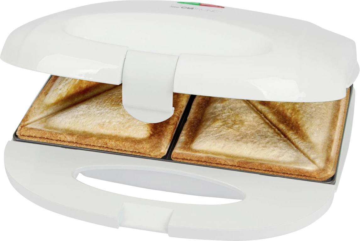 A white sandwich maker with two golden-brown toasted sandwiches inside. The lid is slightly open, revealing the sandwiches.