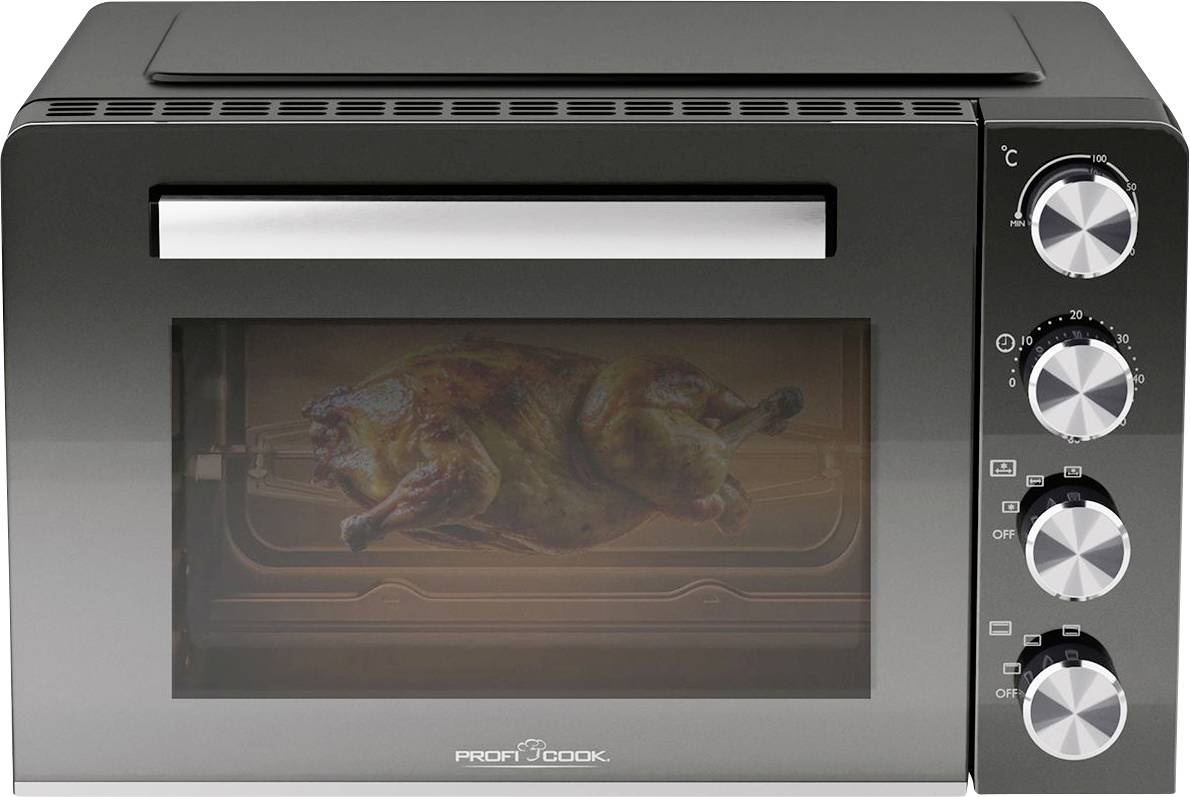 Black countertop oven with chicken in the cooking process. On the right, four rotary knobs for controlling temperature and time.