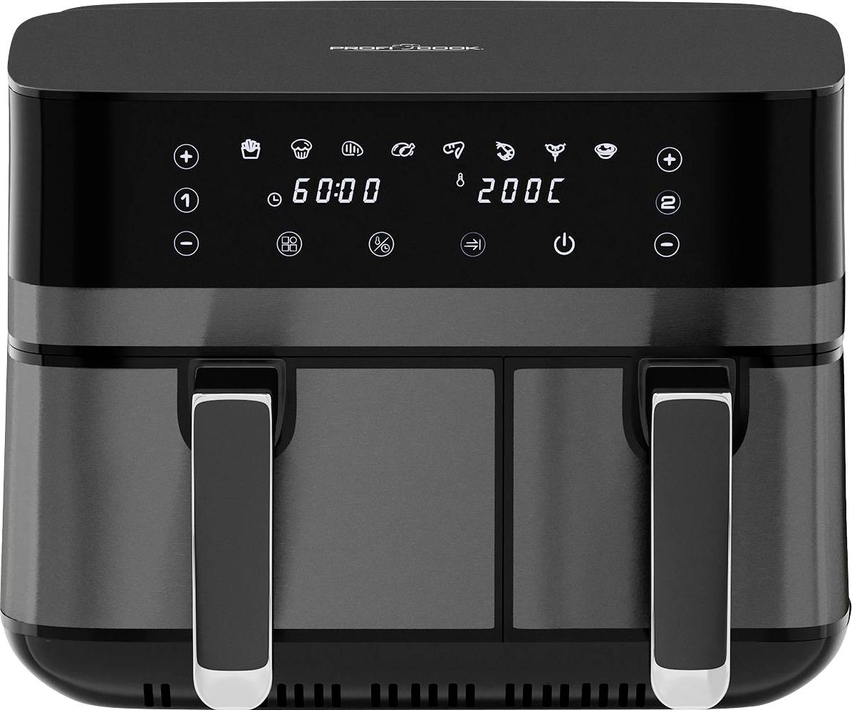 Air fryer with digital display, showing '60:00' minutes and '200°C'. Dual-handle design, black and silver color.