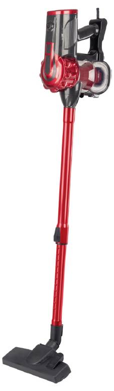 Red, cordless stick vacuum cleaner with attached handle and dust container. Suitable for cleaning floors and hard-to-reach places.