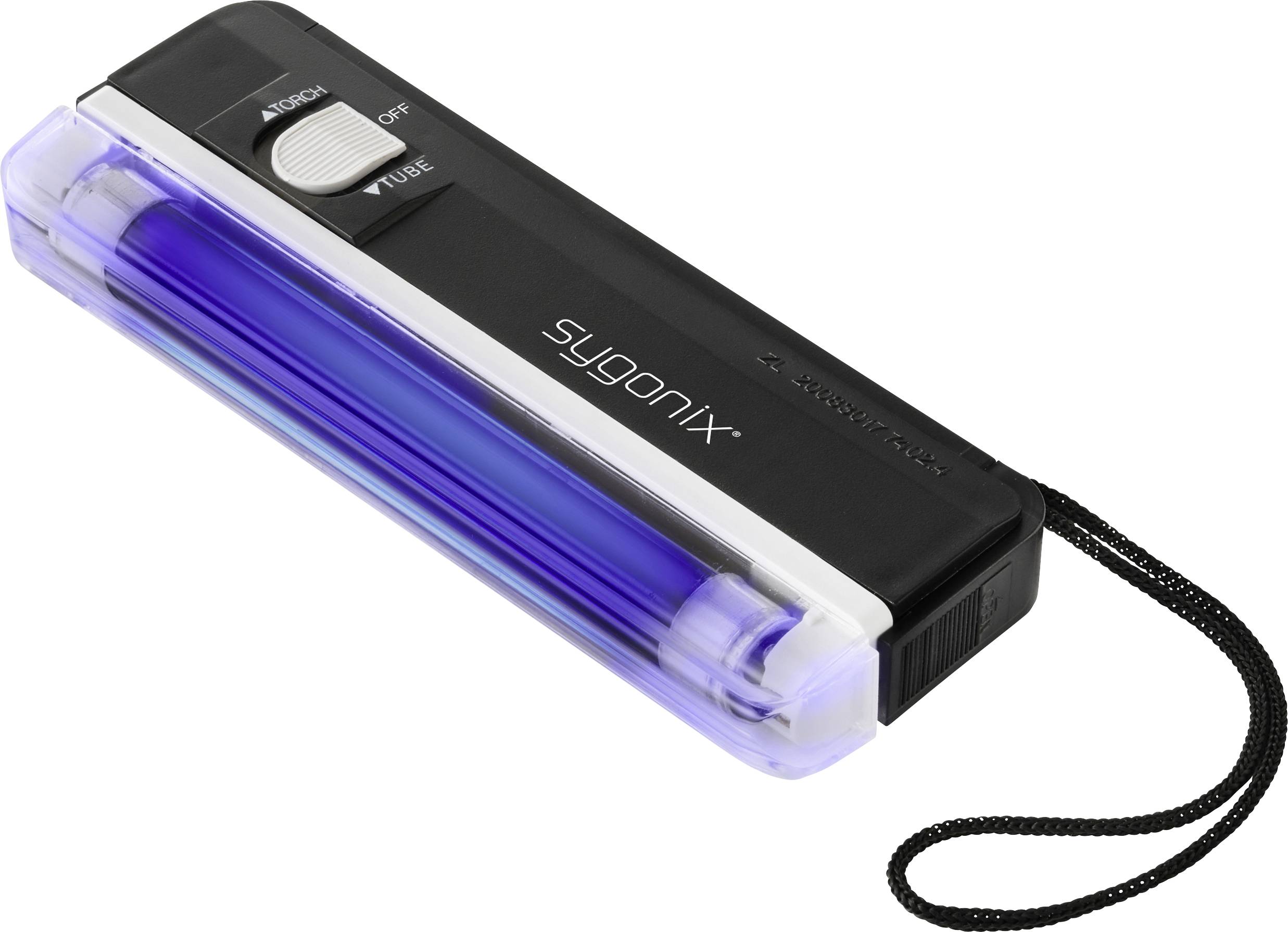 'Portable UV light device with a black body, transparent blue panel, and strap. Brand name 'Sygonix' printed on the side.'