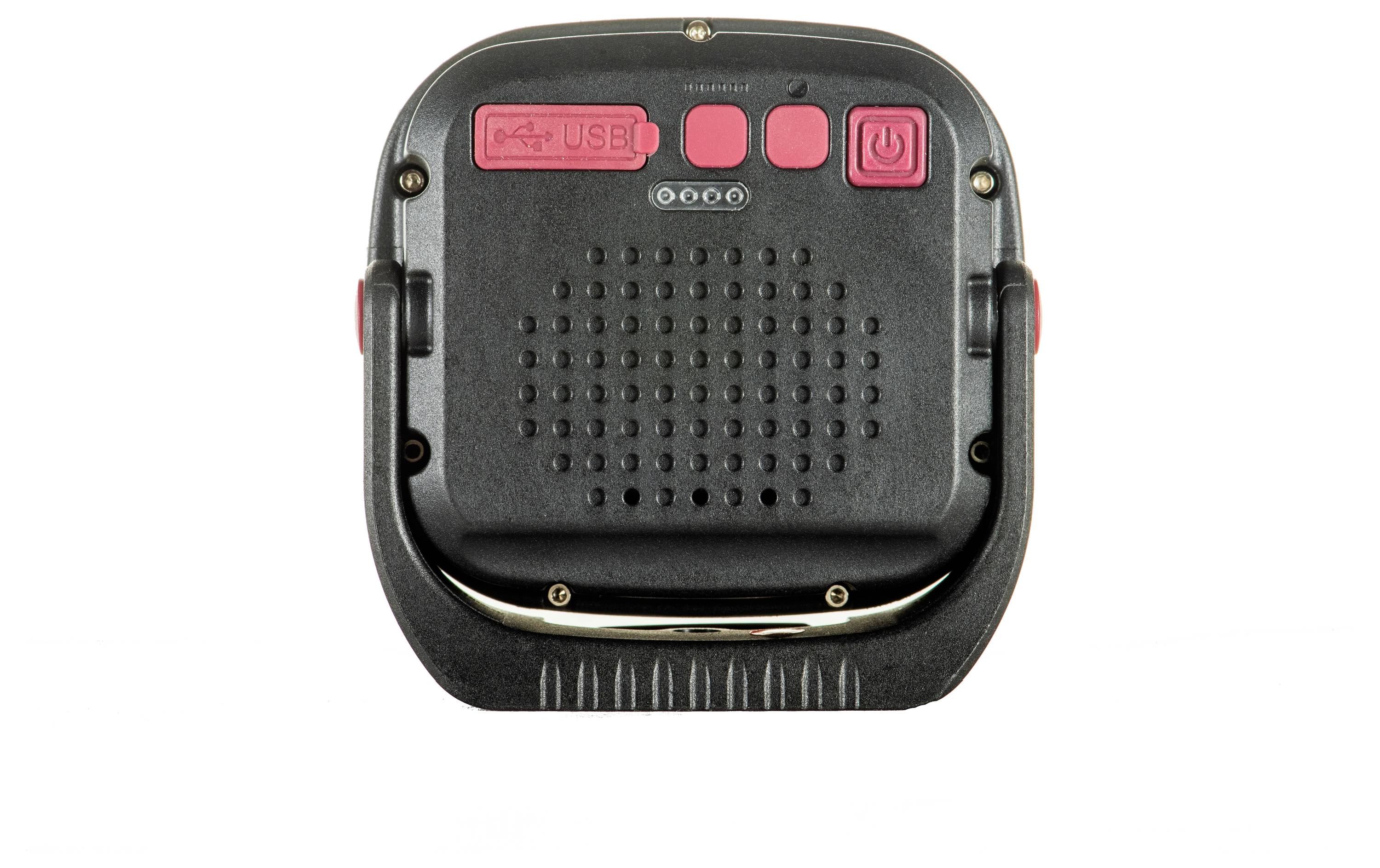 Rear view of an electronic device with a USB port, three red buttons, and a large ventilation grille.