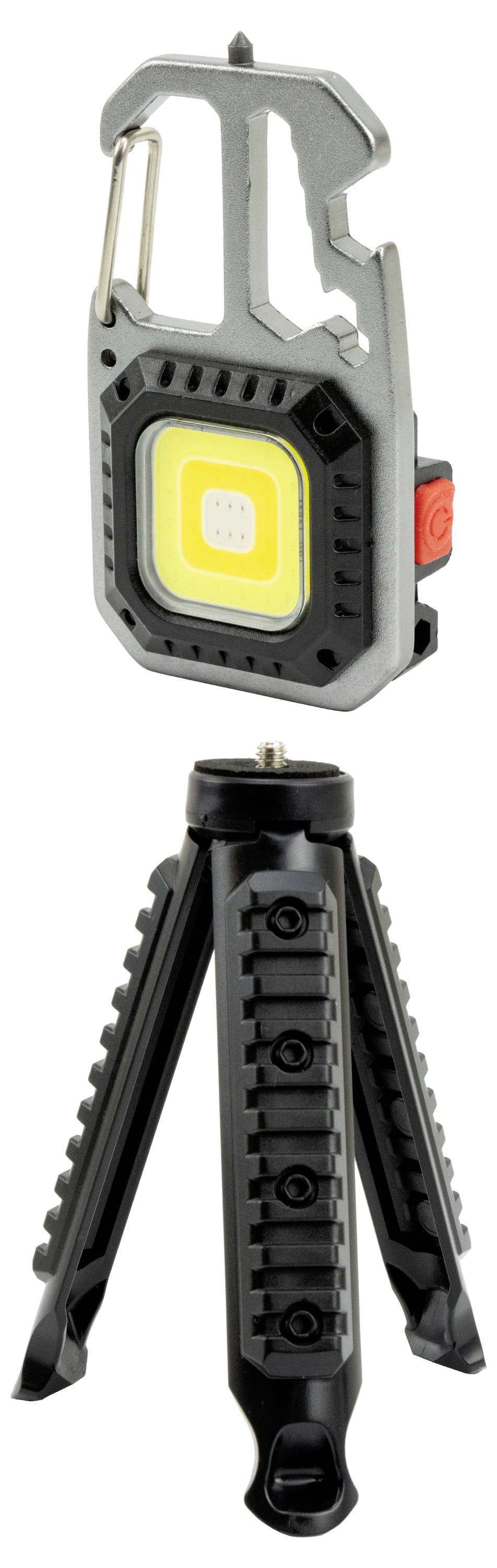 Portable LED lamp with carabiner hook and detachable tripod, perfect for outdoor activities.