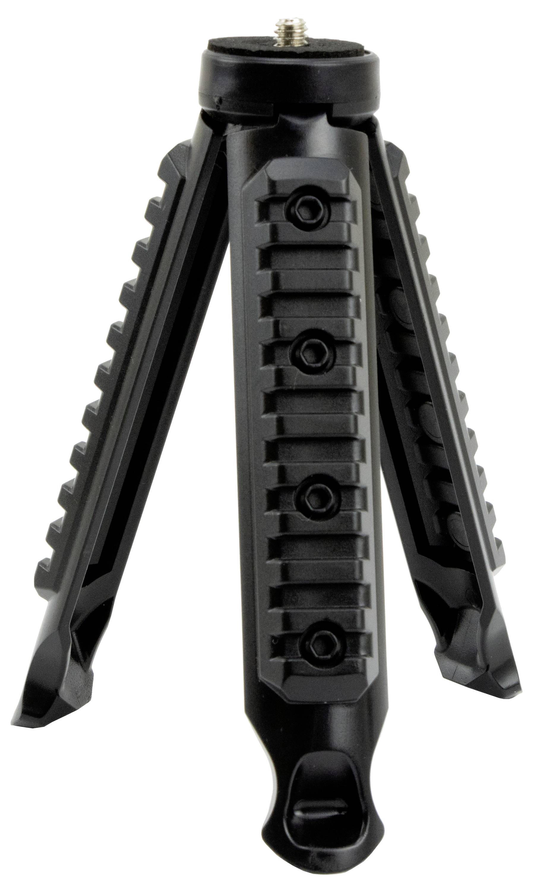 A black, folding mini tripod with three legs and a screw on top, suitable for small cameras or devices.