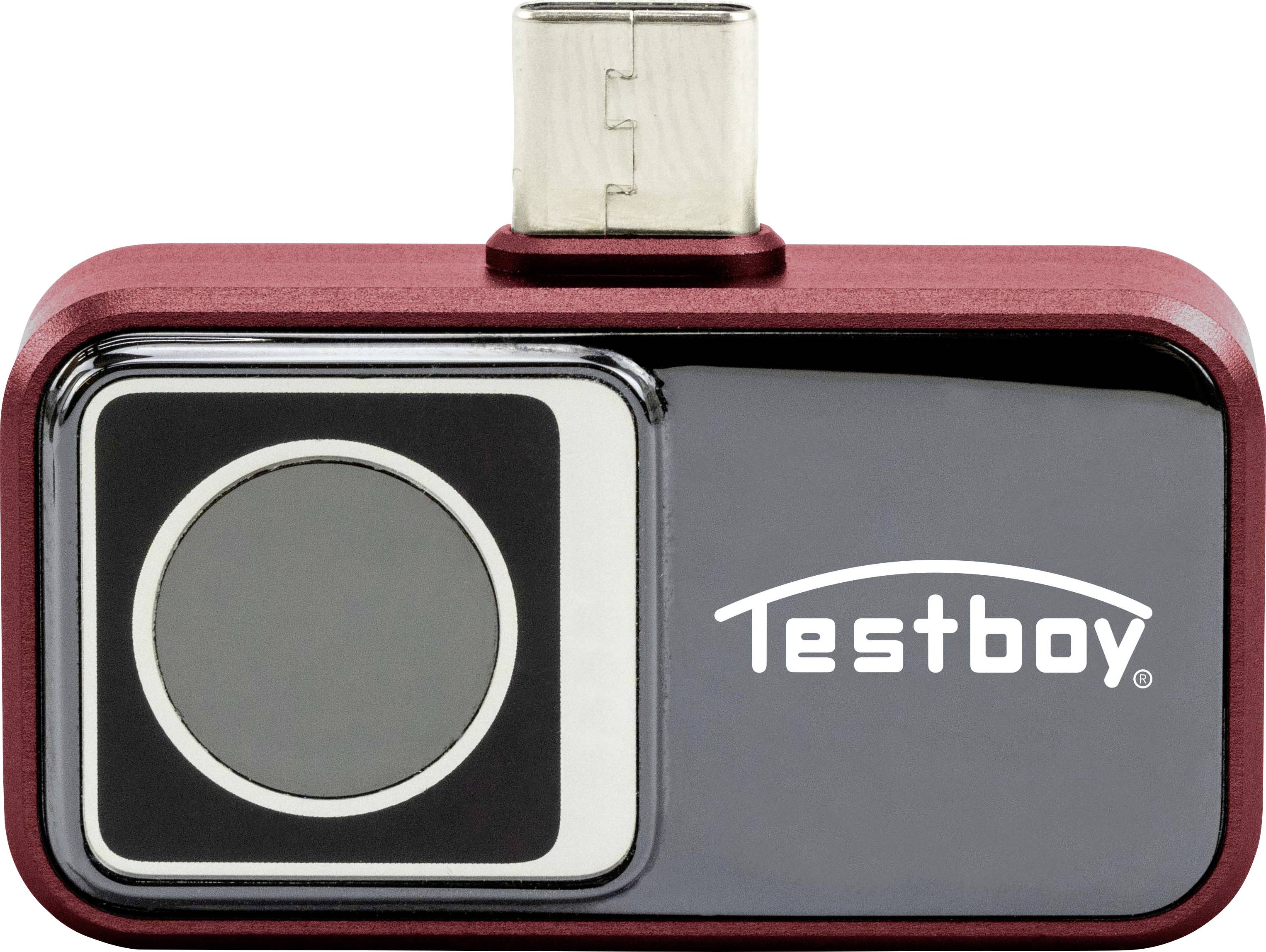 A USB-C adapter with a large button and the label 'Testboy' on the front.