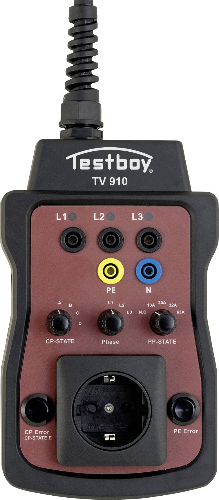 'Testboy TV 910' electrical tester with colour-coded and labelled connections, including earth and live terminals.