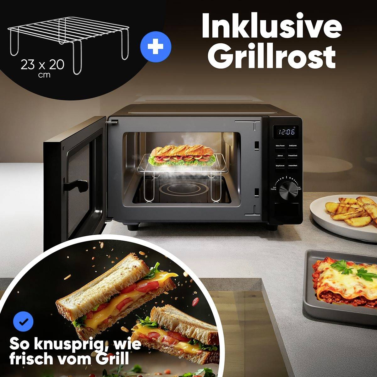 Microwave with grill function and pizza slice. Includes grill rack (23 x 20 cm) for crispy results just like fresh from the grill.