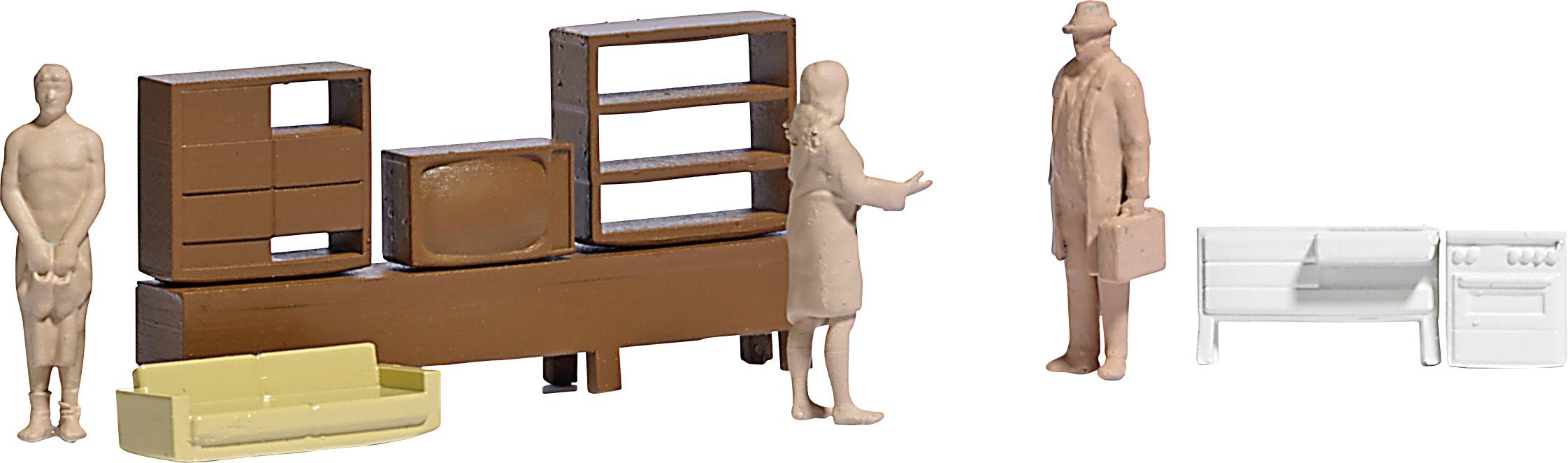 Two miniature figures in conversation in front of model furniture, including shelves, sofa and television. A third figure is carrying a suitcase, next to a cooker.