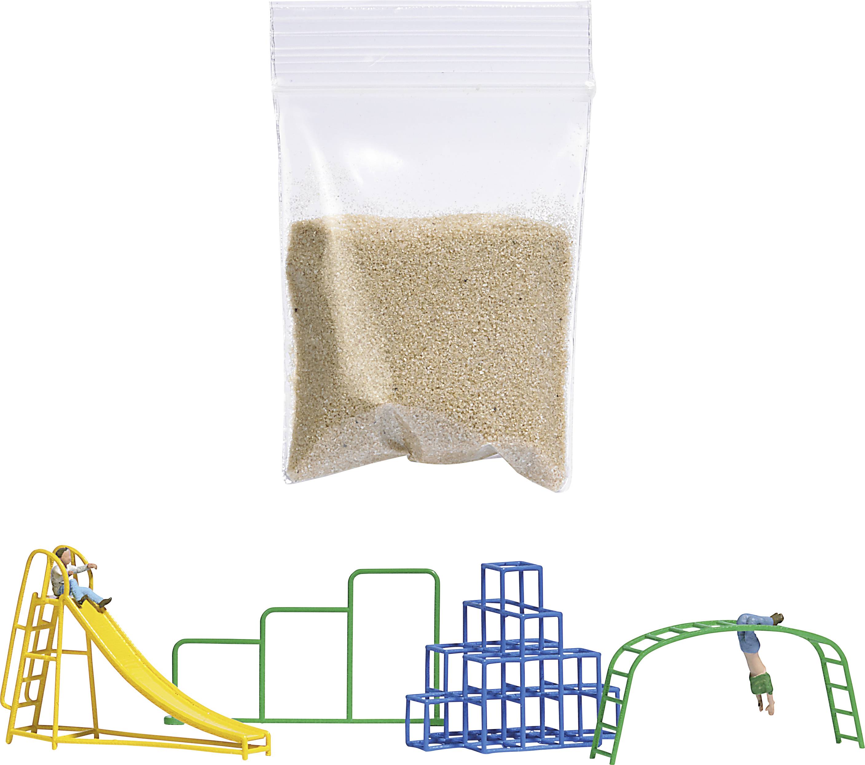 A small bag of sand hangs above miniature playground models, including a yellow slide, climbing frames, and a children's play apparatus.