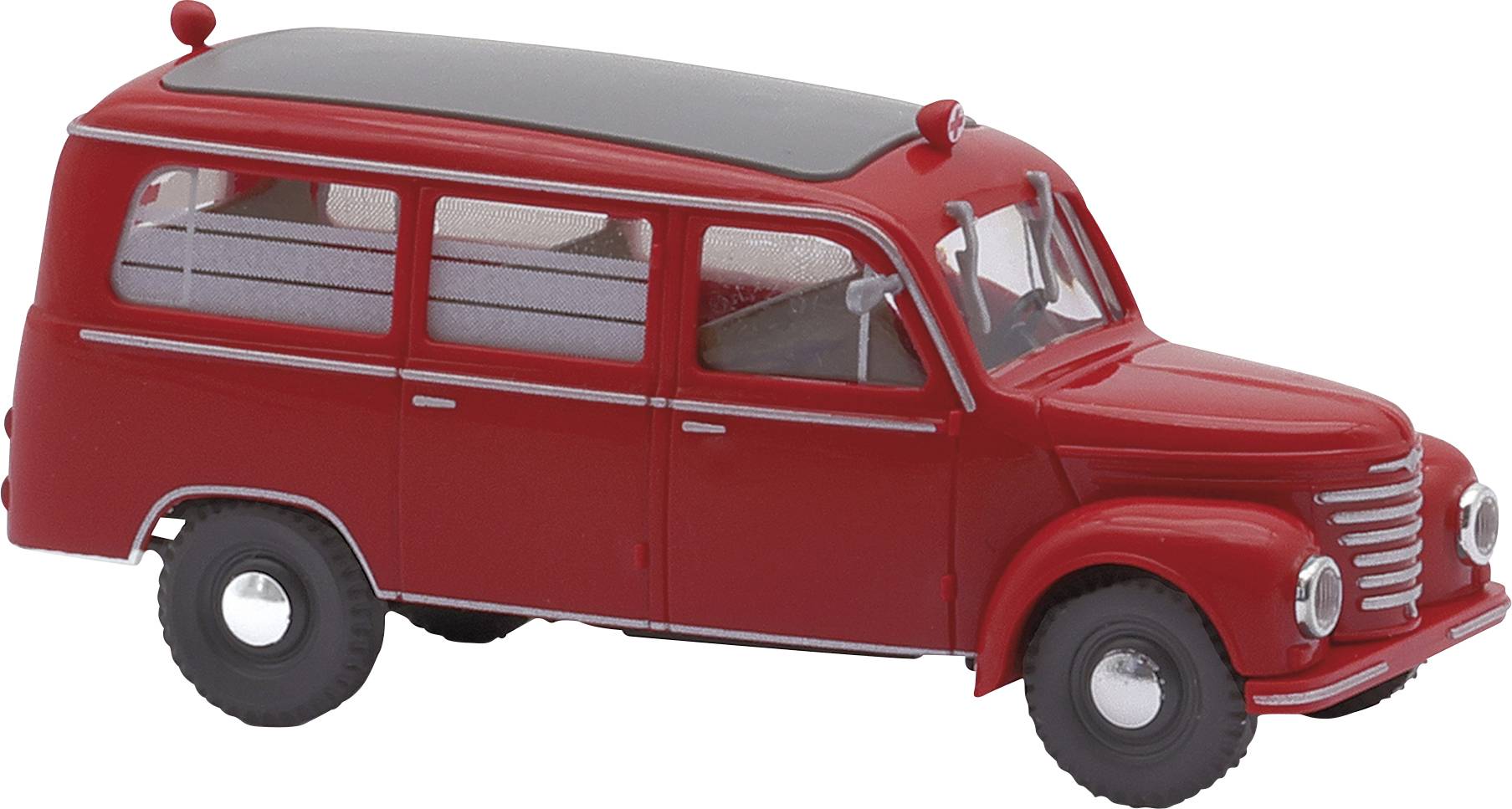 A red, vintage toy car modelled on a classic delivery van with two side windows and a black roof.