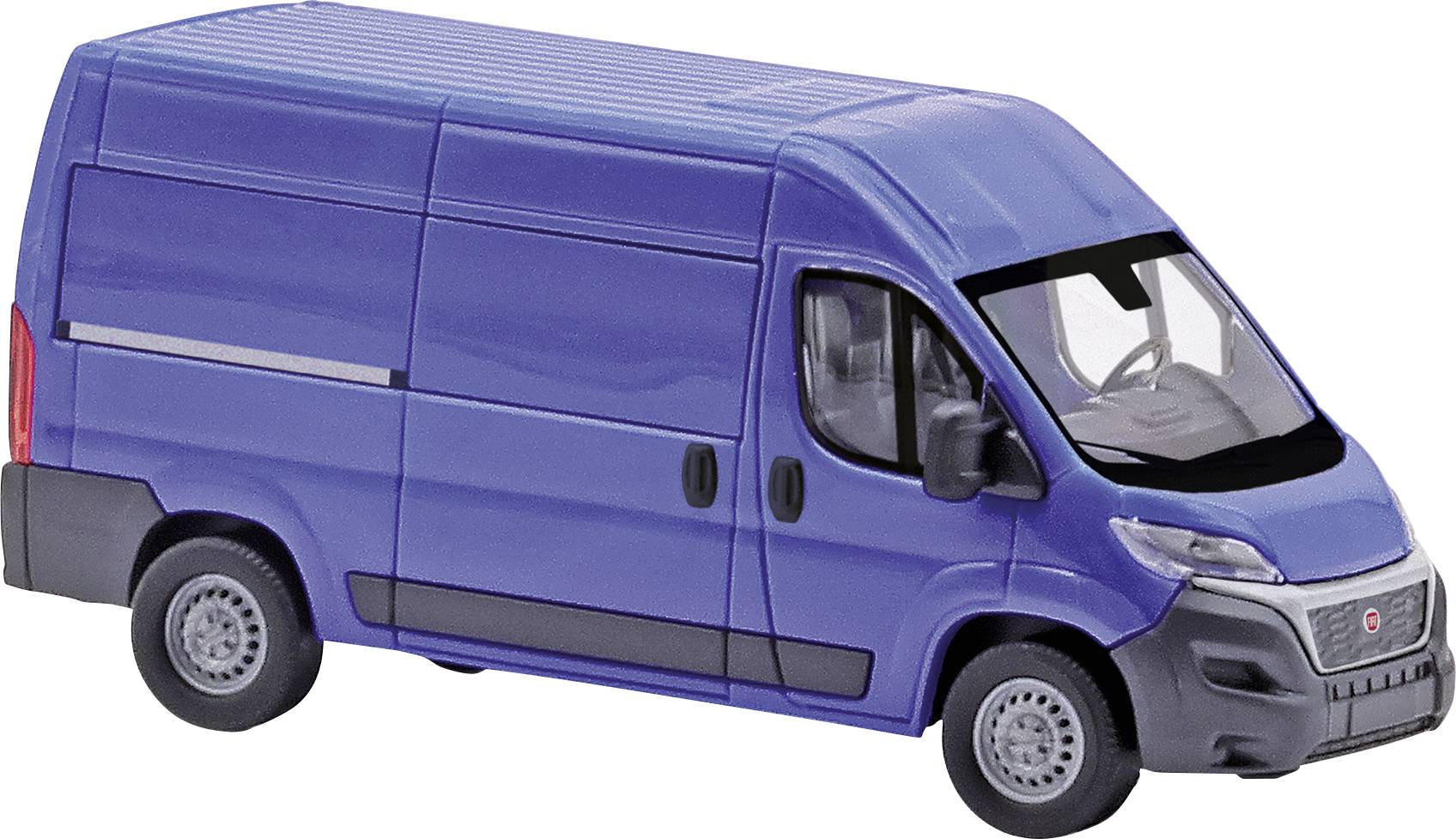 A blue delivery van, side view, parked on a flat surface. The van has black contrasting details.