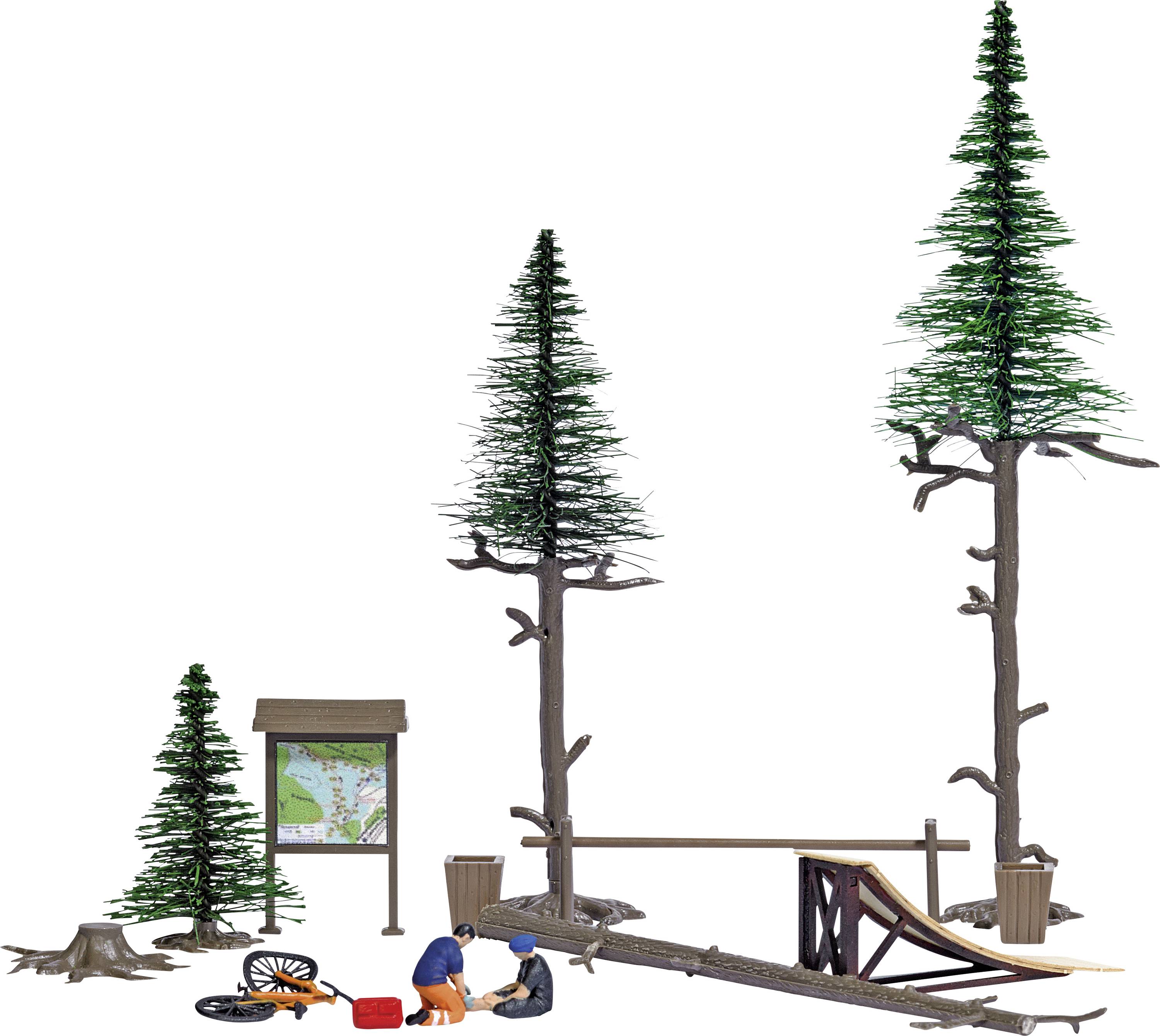 Miniature woodland scene with three trees, a signpost, a bench and two figures, one of whom is repairing a bicycle.