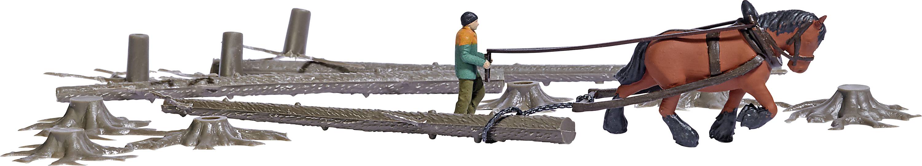 A model shows a horse pulling logs with a lumberjack through a forest. Tree stumps are visible in the background.