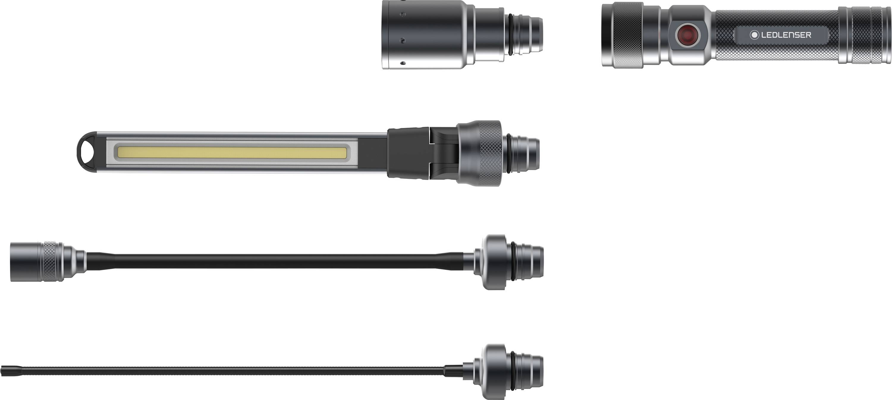 Several views of an LED Lenser lamp model, including lens view, side view, and modular components.