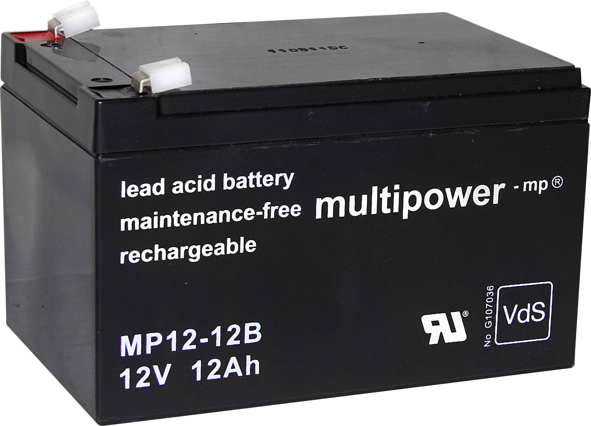 Black lead-acid battery, 12V, 12Ah, maintenance-free, rechargeable. Model MP12-12B, with brand and certification logos printed.