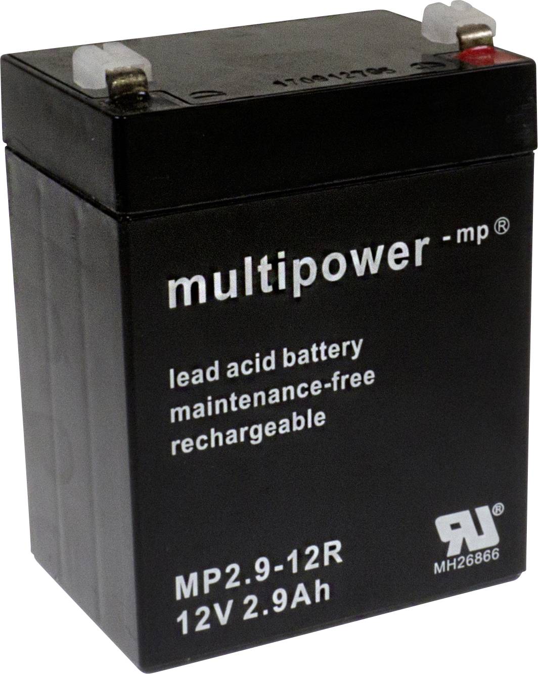 Black battery with 'multipower' inscription, 12V, 2.9Ah, lead-acid based, maintenance-free, rechargeable.