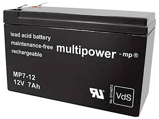 Black, rechargeable lead-acid battery by Multipower, MP7-12, 12V, 7Ah, maintenance-free, with safety certifications.